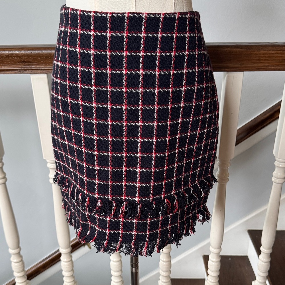 Zara Navy & Red Plaid Tweed Pencil Skirt with Fringe